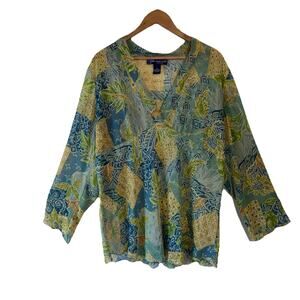 Susan Graver Sheer Blouse 1X Long Sleeve Patchwork Boho Artsy Lagonlook Tunic
